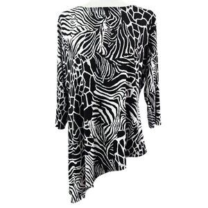 Chico's Travelers Black White Giraffe Zebra Print Asymmetrical Hem Tunic Exotic